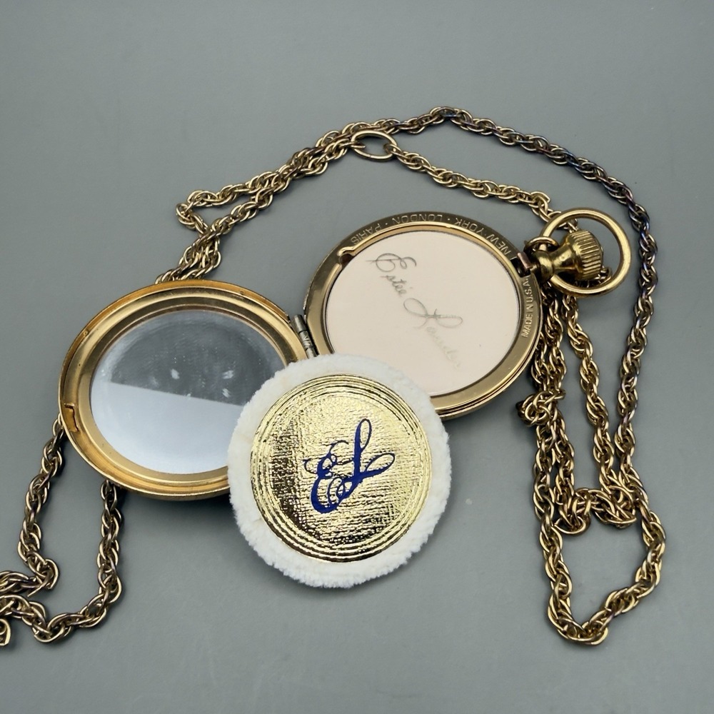 Estee Lauder Pocket Watch Compact Necklace Gold Tone Floral Scroll Face Powder